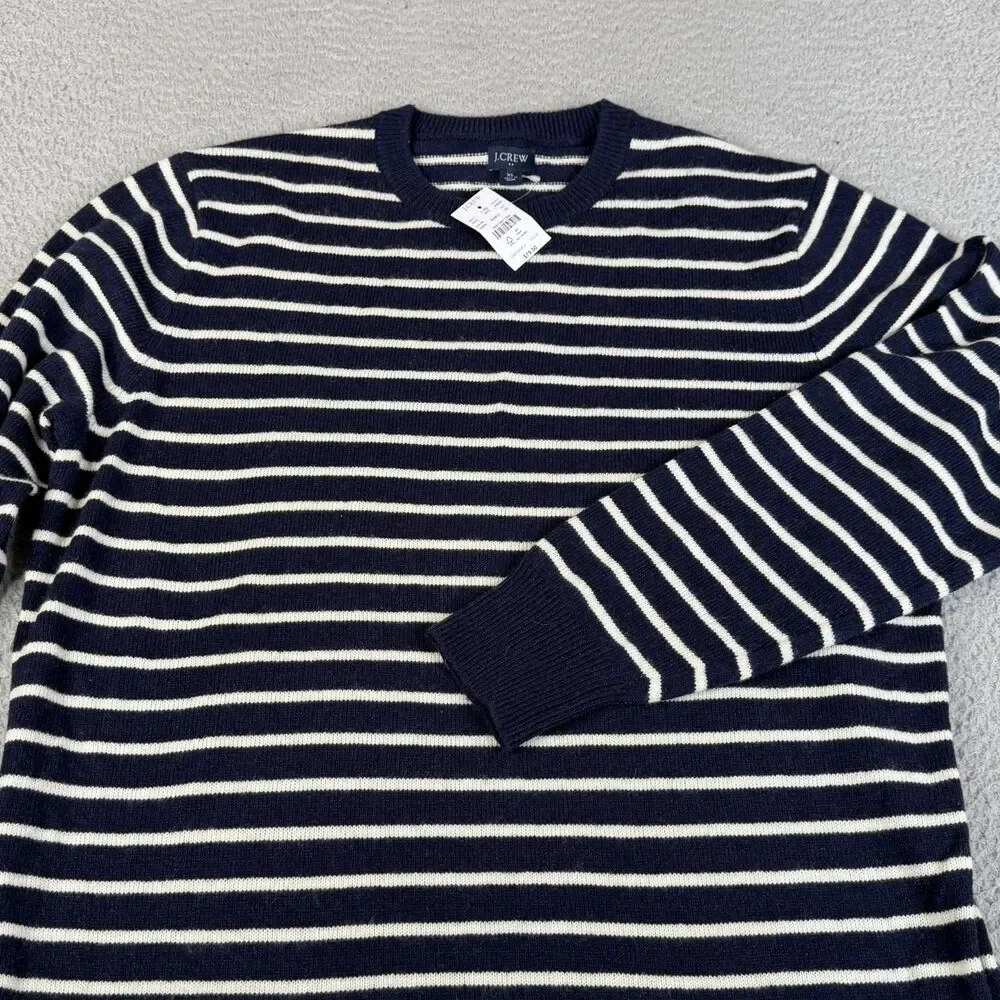 J CREW Sweater Men XL Navy Cream Striped Lambswool Blend Crew Neck Knit Pullover